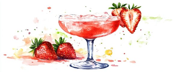 Watercolor of Strawberry Margarita summer cocktail drink with silver tequila, lime juice, liqueur,fresh berries,ice in glass with salt rim,daiquiri cocktail with lime and rum,menu drink.