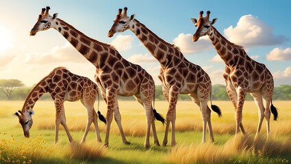 Obraz premium Immerse yourself in the tranquil beauty of the African savannah with this captivating image of giraffes grazing peacefully in a golden meadow. 