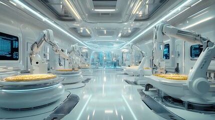 A sleek futuristic food production facility with automated robotic arms scanning and inspecting each product, glowing screens display data in real-time
