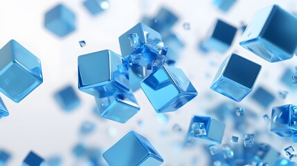 A lot of flying blue cubes on a white background. 3d render illustration.