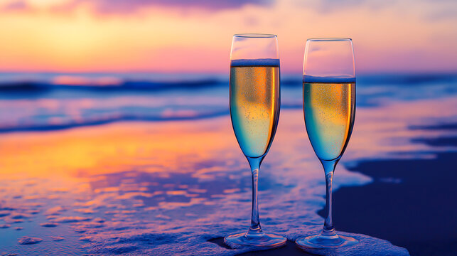 Two glasses of champagne on beautiful beach with blue and orange sky on background