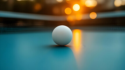 Ping Pong Ball on a Blue Table with a Sunset Glow