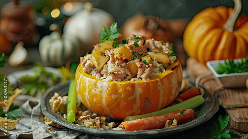 Poster pumpkin stuffed with chicken and carrots with celery toning selective focus