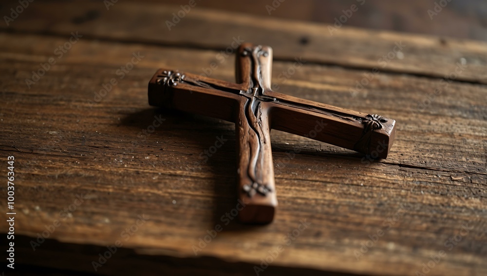 Poster a cross is placed on a book resting on a wooden surface with empty space.