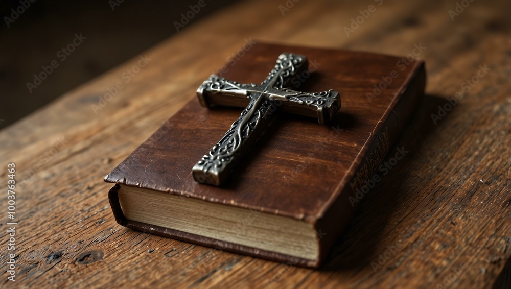 Poster a cross is placed on a book resting on a wooden surface with empty space.