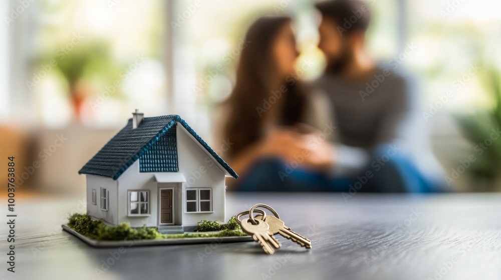Poster A couple is sitting on a couch in front of a model house with a key on the table