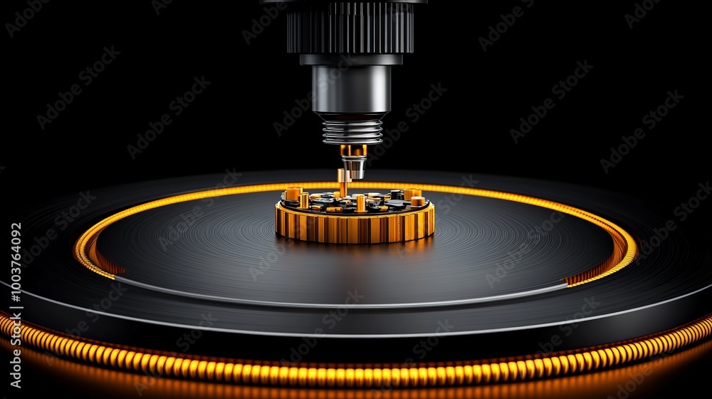 Poster precision engineering: cnc machining of a gold gear. close-up view of a cnc machine precisely millin
