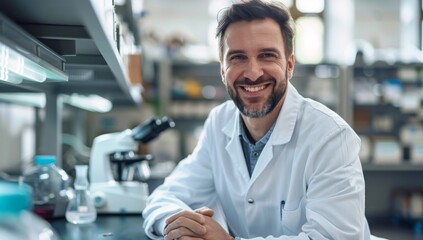 Handsome male scientist in a white lab coat looking at the camera and smiling while working with a microscope. Technician worker. Blood work or health service
