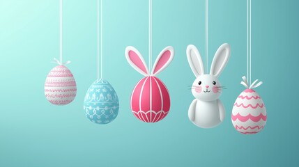 Happy Easter Day Design with Hanging Colorful Painted Realistic Eggs and Cute Bunny Vector Illustration. Egg Hunt Party Concept. Suitable for Poster Banner Flyer and Brochure Template