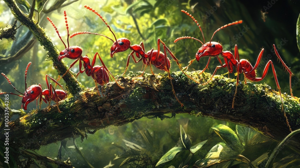 Poster red ants traversing a lush forest path
