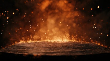 Fototapeta premium A fiery scene depicting molten lava with sparks and smoke, creating a dramatic atmosphere.