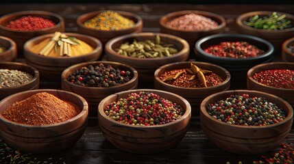 Fototapeta premium Bowls of various aromatic spices and culinary herbs Different seasoning red hot pepper paprika anise saffron black seeds nutmegs cardamom pods thyme gloves curcuma Condiments for cooking