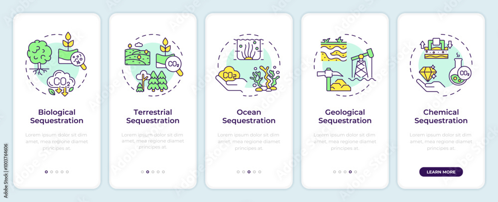 Poster carbon sequestration types onboarding mobile app screen. walkthrough 5 steps editable graphic instru