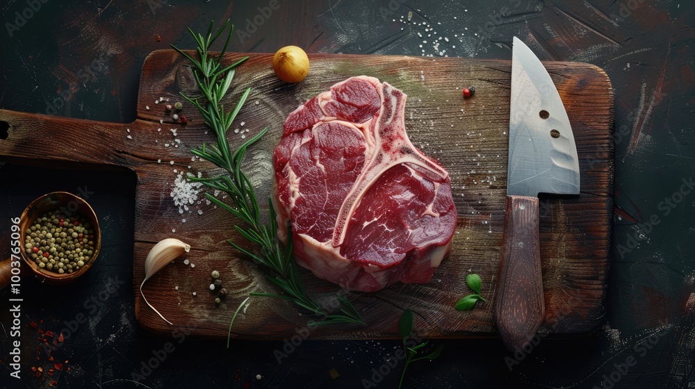 Poster top view of raw beef shank cross cut on cleaver with spice and herb
