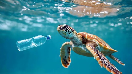 Obraz premium A turtle swimming near a plastic bottle in the ocean, highlighting the urgent need for ocean pollution control