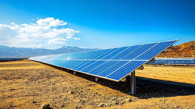 A solar farm in a desert landscape, demonstrating large-scale renewable energy projects and climate action