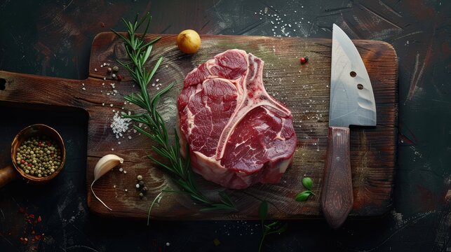 Top view of raw beef shank cross cut on cleaver with spice and herb