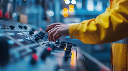 A hand operating control panel buttons in an industrial setting.