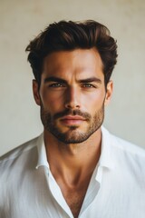 Obraz premium Stylish man in a crisp white shirt poses confidently against a neutral background