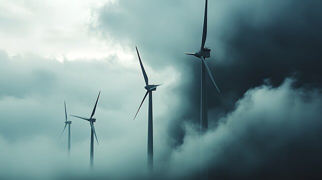 A close-up of wind turbines with a cloudy sky, promoting renewable energy and climate action