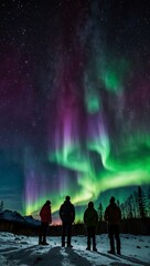 A family admires the colorful aurora borealis with vibrant green and purple lights in the night sky.