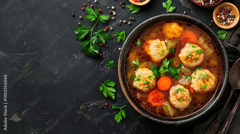 Poster chicken crock pot soup with dumplings top view copy space