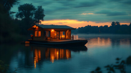 Cabin on the Water at Sunset with Reflections