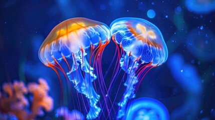 Two South american sea nettle Chrysaora plocamia jellyfish swimming in blue water of aquarium with red neon lighting Aquatic organism animal undersea life biodiversity