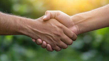 Two hands clasped in a supportive handshake, warm sunlight filtering through, no faces visible, men support, empowerment and unity