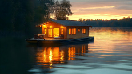 Fototapeta premium Cozy Cabin on the Water at Sunset