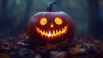 Naklejka premium Halloween. The glowing jack-o'-lantern rests on the ground, surrounded by autumn leaves.