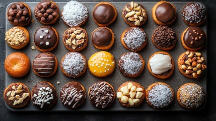 Classic Timbits with smooth glaze, served on a tray with a variety of toppings like coconut flakes and chopped nuts, creating texture contrast, Timbit, classic snack photography