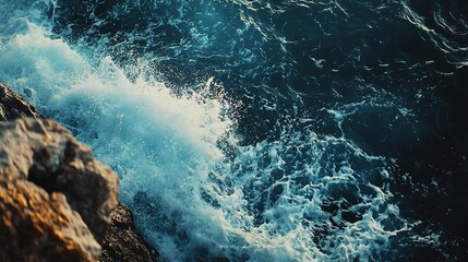 Waves Crashing on Rocky Shoreline at Sunset