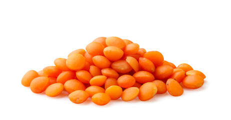 Pile of red lentils close-up on a white background. Isolated