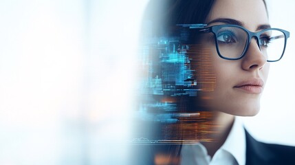 A business woman executive in deep thought, surrounded by floating digital interfaces showing real-time analytics and futuristic data projections, set against a white background, 