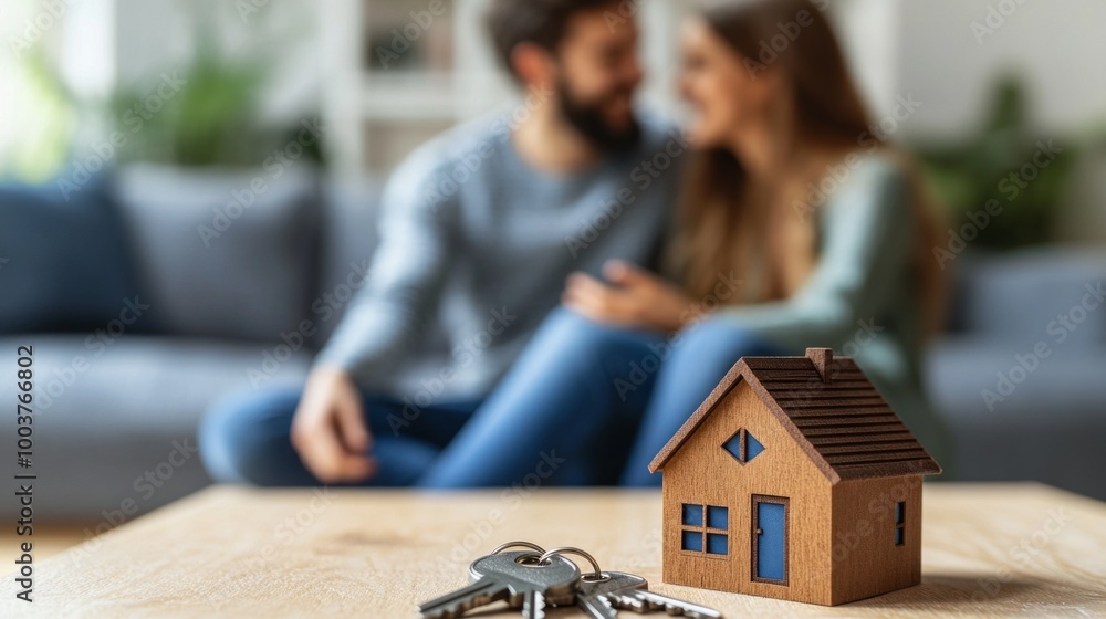 Poster A couple is sitting on a couch and a house key is on the table in front of them