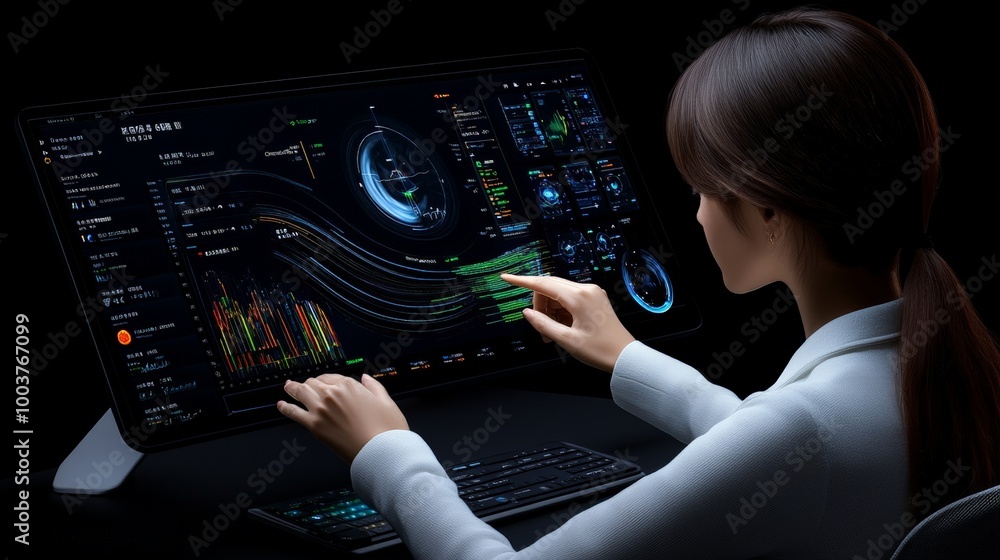 Poster data driven decisions: a female business professional meticulously analyzes data on a futuristic dig