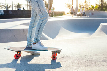 unrecognizable stylish skater in jeans and sneakers standing on skateboard in skatepark on sunny...
