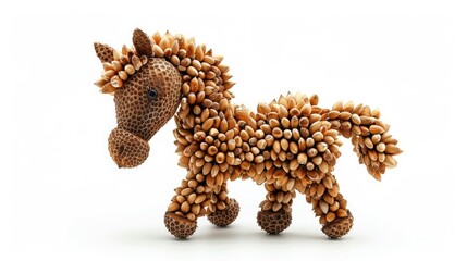 Cute small horse made from acorns isolated on white background Creative funny animal figure made from acorn in autumn time x000D