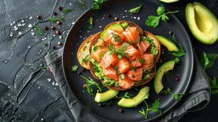 Delicious salmon and avocado tartare with crispy toasts Flat lay