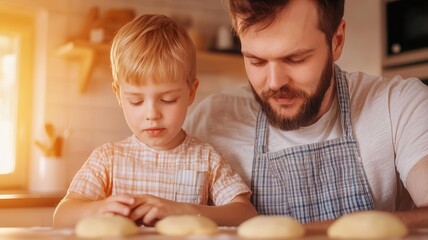 Father and son baking cookies in the kitchen, close up, focus on rolling dough, Double exposure silhouette with cookie shapes