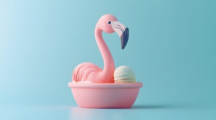 Fototapeta premium Flamingo float rotate around ice cream on pastel blue background. Seamless looped animation. Minimal summer concept. 3d rendering. 