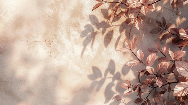 Abstract rose gold light bokeh of natural leaves shadow blurred background of tree branch fon white concrete wall texture nature art on wall pink rose gold shadow on white background x000D