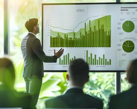 Businessman Presenting Eco Friendly Business Plan to Audience with Charts and Graphs