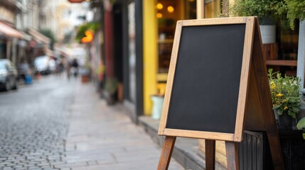 Blank Chalkboard Sign on a Cobblestone Street