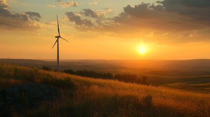 Obraz premium A wind turbine in the distance of a sunset-lit landscape, symbolizing renewable energy and the beauty of nature