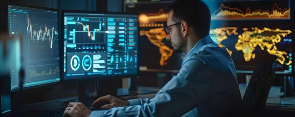 Businessman Monitoring Cryptocurrency Portfolio on Digital Dashboard