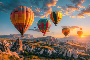 Obraz premium Colorful hot air balloons flying over mountain