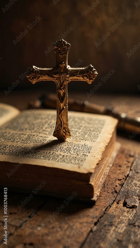 Poster a golden cross rests on an open book on a rustic surface in soft light.