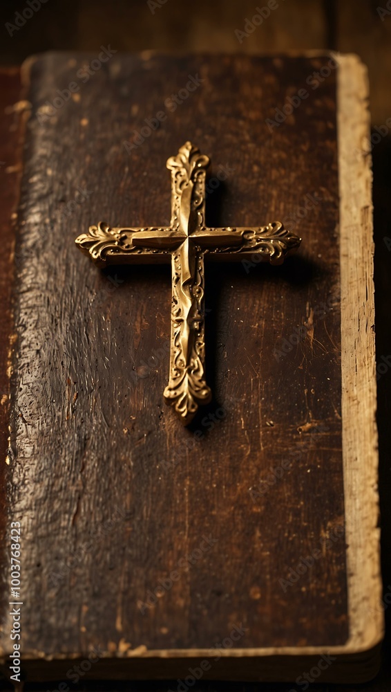 Poster a golden cross rests on an open book on a rustic surface in soft light.
